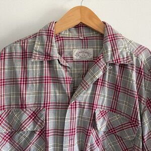 1990s Vintage Armani Jeans Plaid Shirt Red Gray Cream